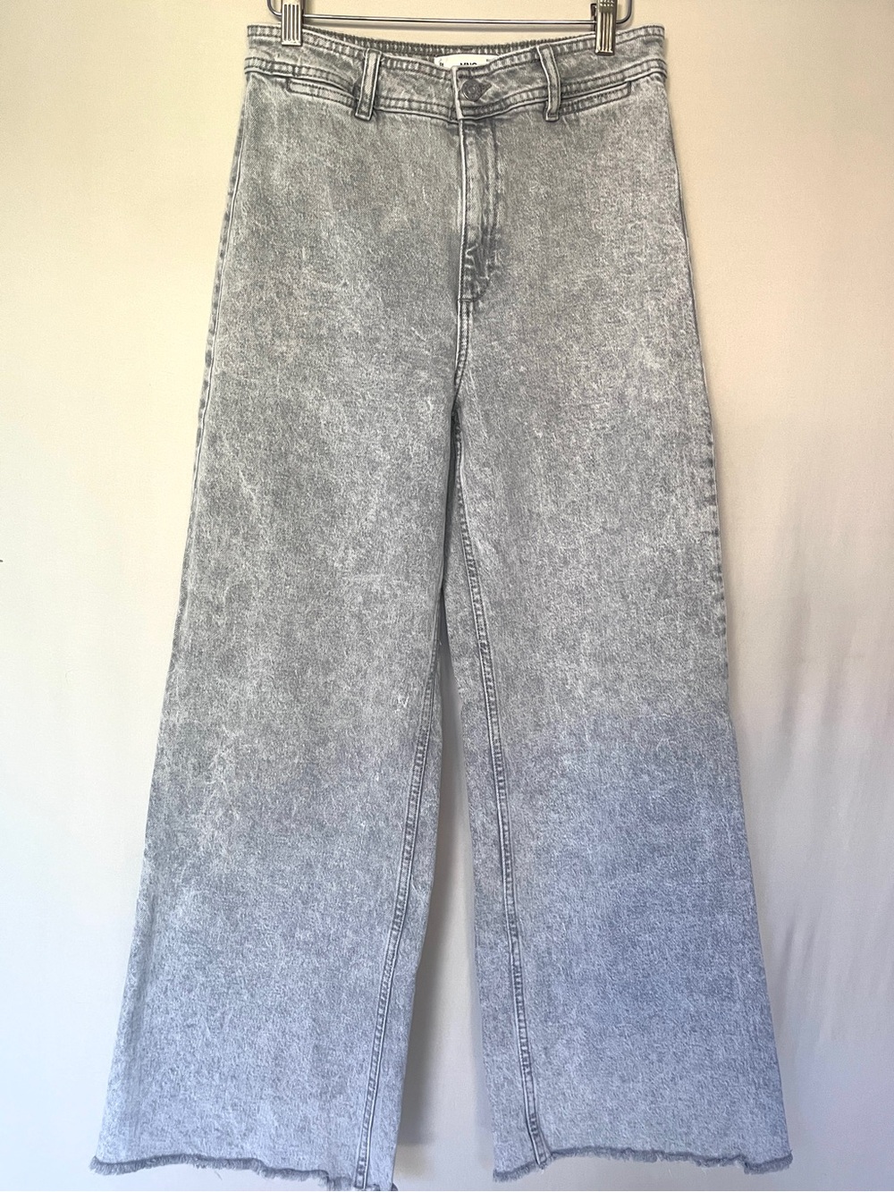 Mango MNG Denim Heather Grey High Rise Wide Leg Jeans • Distressed Hem • Size 6